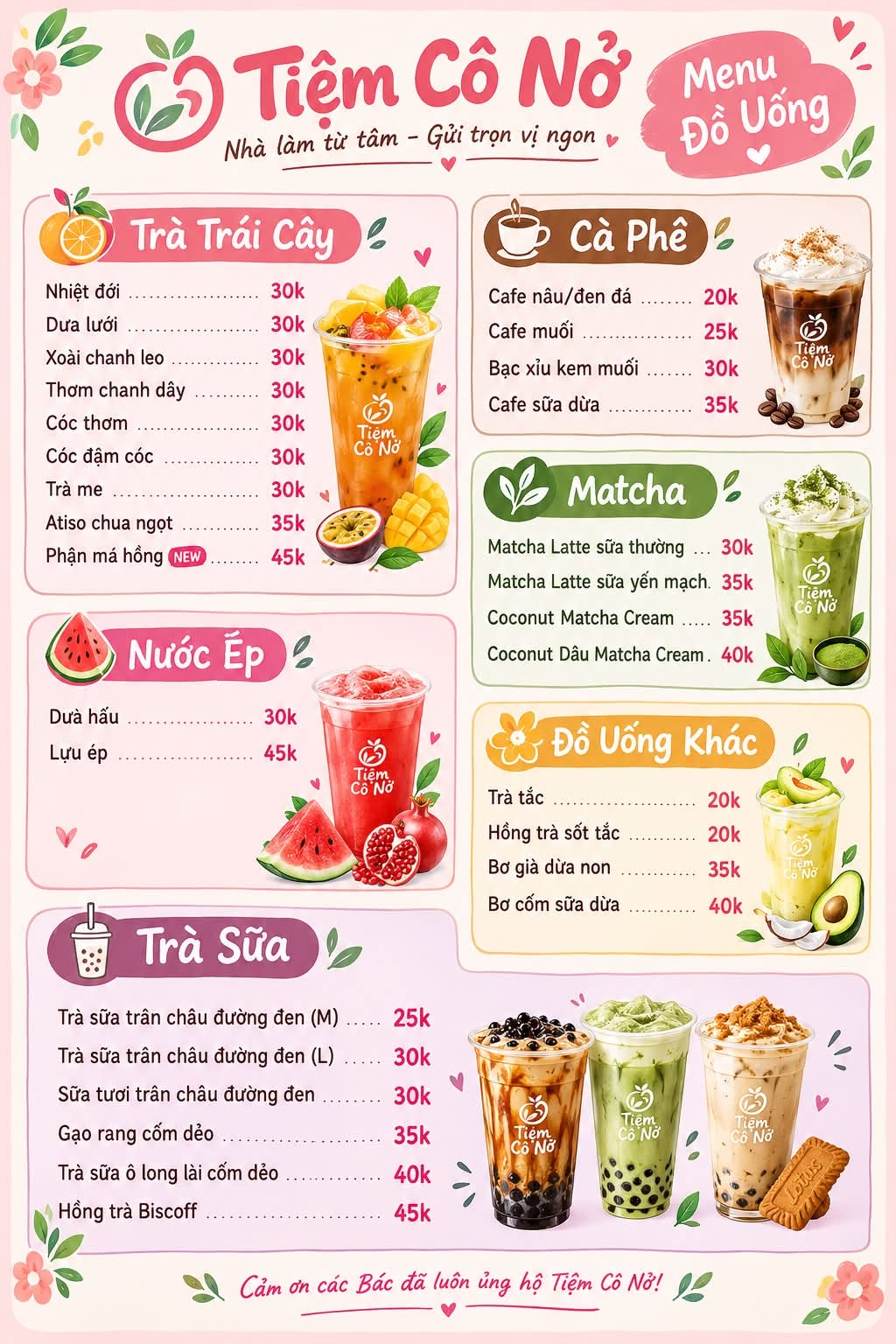 Bảng menu Tiệm Cô Nở do chủ quán cung cấp: trà trái cây, cà phê, matcha, nước ép, trà sữa và đồ uống khác